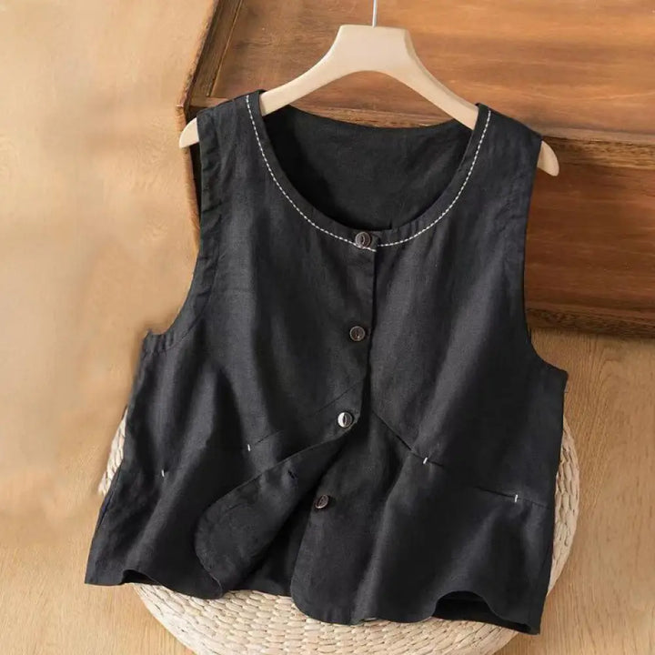 Buddha Stones Single Breasted Sleeveless Design Cotton Linen Women’s Vest WIth Pockets - Black / US4，UK/AU8，EU36 (L)