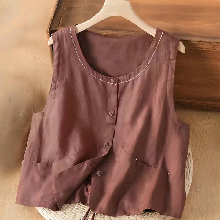 Buddha Stones Single Breasted Sleeveless Design Cotton Linen Women’s Vest WIth Pockets - Brown / US4，UK/AU8，EU36 (L)