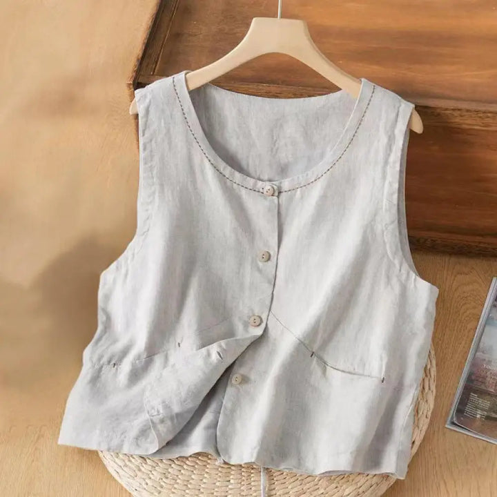 Buddha Stones Single Breasted Sleeveless Design Cotton Linen Women’s Vest WIth Pockets - LightGrey / US4，UK/AU8，EU36