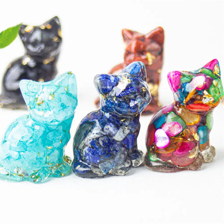 Buddha Stones Sitting Cat Resin Gravel Pink Crystal Citrine White Crystal Lapis Lazuli Soothing Desktop Decoration
