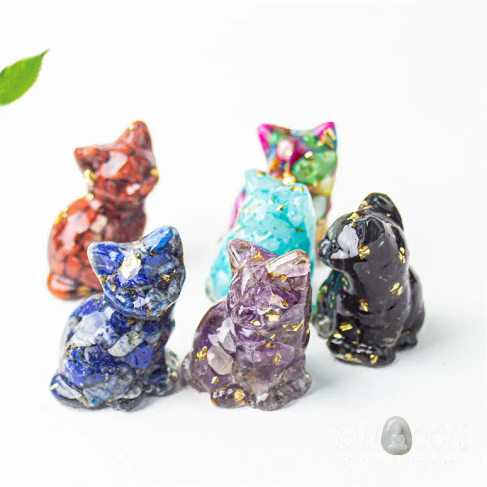 Buddha Stones Sitting Cat Resin Gravel Pink Crystal Citrine White Crystal Lapis Lazuli Soothing Desktop Decoration