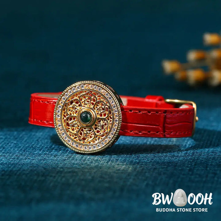 Buddha Stones Six True Words Eight Treasures Compass Jade 24K Gold Plated Luck Leather Bracelet - BWOOOH - Six True