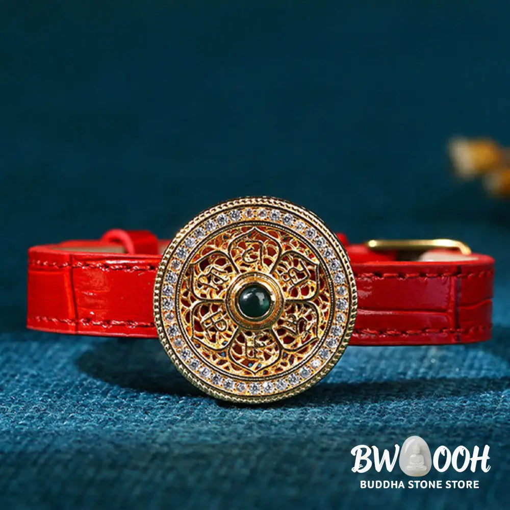 Buddha Stones Six True Words Eight Treasures Compass Jade 24K Gold Plated Luck Leather Bracelet - BWOOOH - Six True