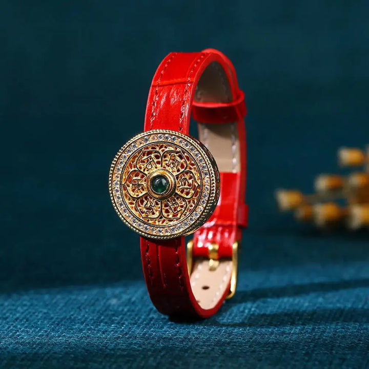 BWOOOH Six True Words Eight Treasures Compass Jade 24K Gold Plated Luck Leather Bracelet - BWOOOH - Six True