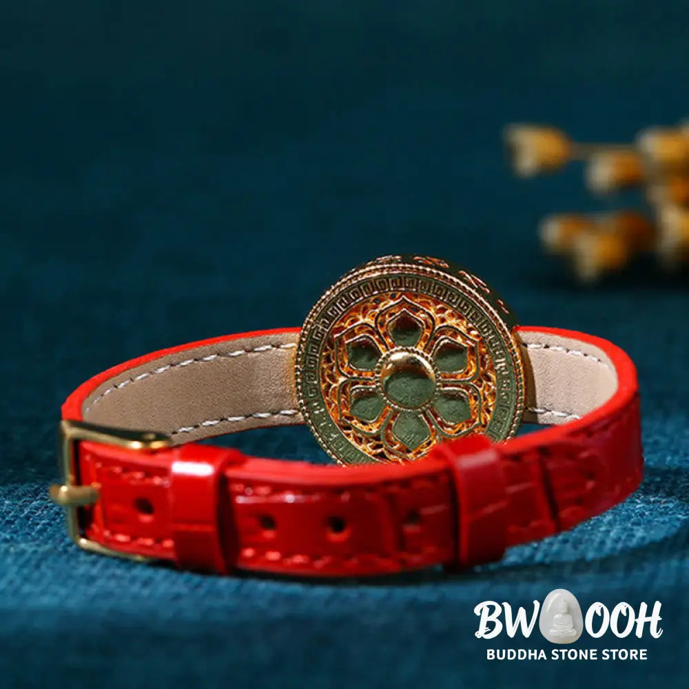 Buddha Stones Six True Words Eight Treasures Compass Jade 24K Gold Plated Luck Leather Bracelet - BWOOOH - Six True