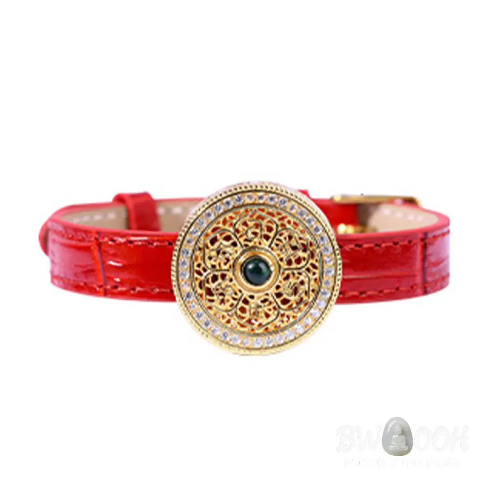 Buddha Stones Six True Words Eight Treasures Compass Jade 24K Gold Plated Luck Leather Bracelet - BWOOOH - Six True