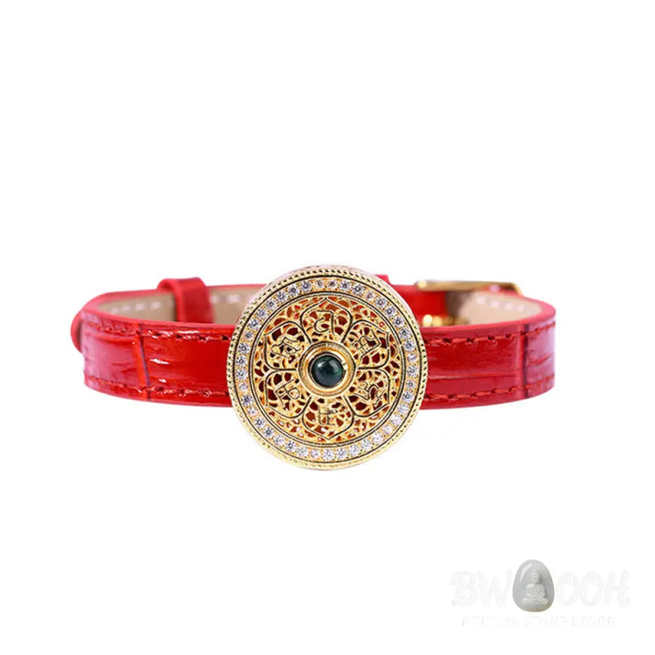 Buddha Stones Six True Words Eight Treasures Compass Jade 24K Gold Plated Luck Leather Bracelet - BWOOOH - Six True