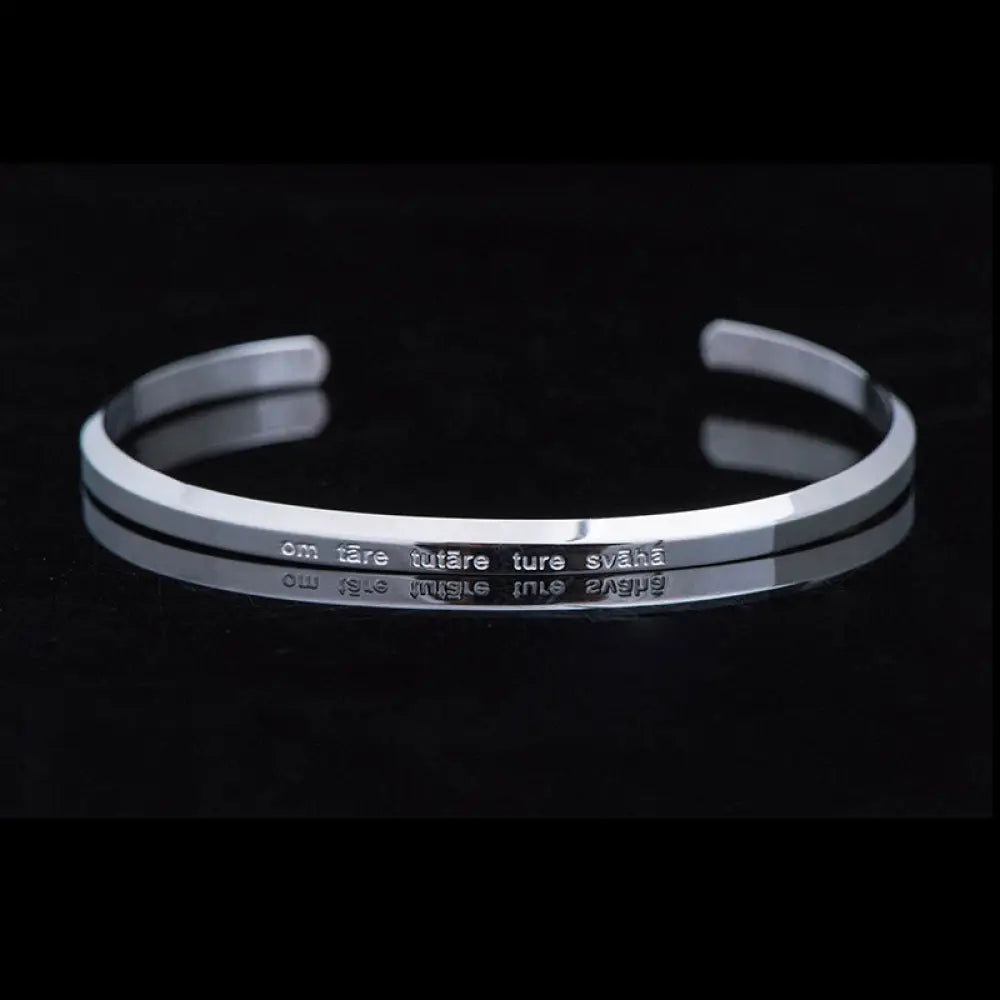 Buddha Stones Six True Words Engraving Titanium Steel Blessing Protection Bracelet - Green Tara / Silver / Large