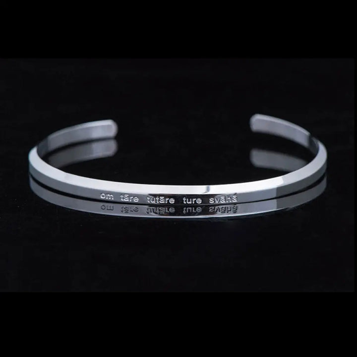 Buddha Stones Six True Words Engraving Titanium Steel Blessing Protection Bracelet - Green Tara / Silver / Large