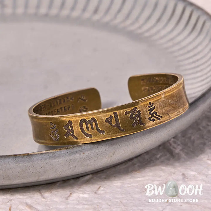 Buddha Stones Six True Words ’om Mani Padme Hum’ Heart Sutra Copper Brass Inner Peace Cuff Bracelet Bangle - BWOOOH