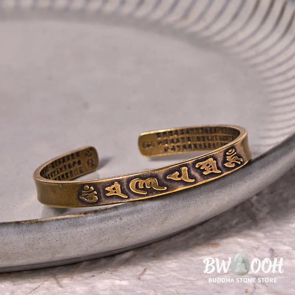 Buddha Stones Six True Words ’om Mani Padme Hum’ Heart Sutra Copper Brass Wisdom Peace Cuff Bracelet Bangle - BWOOOH