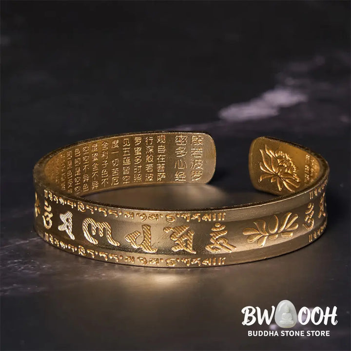 Buddha Stones Six True Words ’om Mani Padme Hum’ Heart Sutra Lotus Copper Brass Peace Cuff Bracelet Bangle - BWOOOH