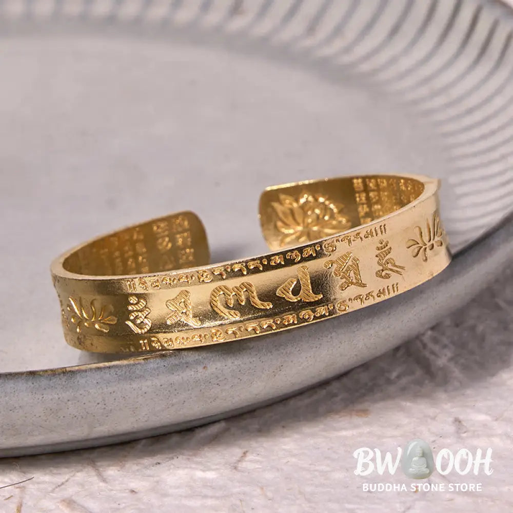 Buddha Stones Six True Words ’om Mani Padme Hum’ Heart Sutra Lotus Copper Brass Peace Cuff Bracelet Bangle - BWOOOH