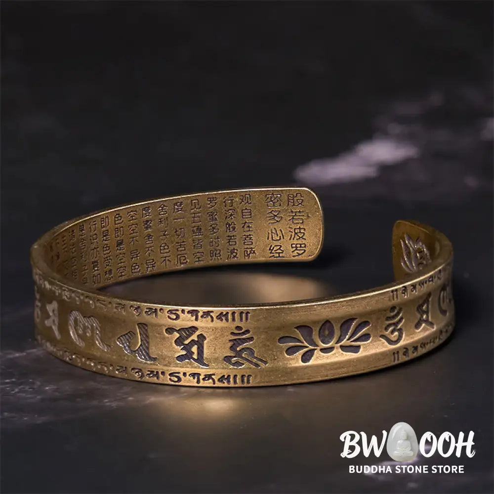 Buddha Stones Six True Words ’om Mani Padme Hum’ Heart Sutra Lotus Copper Brass Peace Cuff Bracelet Bangle - BWOOOH