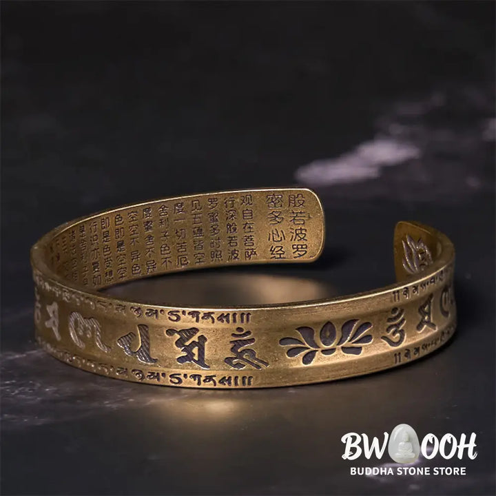 Buddha Stones Six True Words ’om Mani Padme Hum’ Heart Sutra Lotus Copper Brass Peace Cuff Bracelet Bangle - BWOOOH
