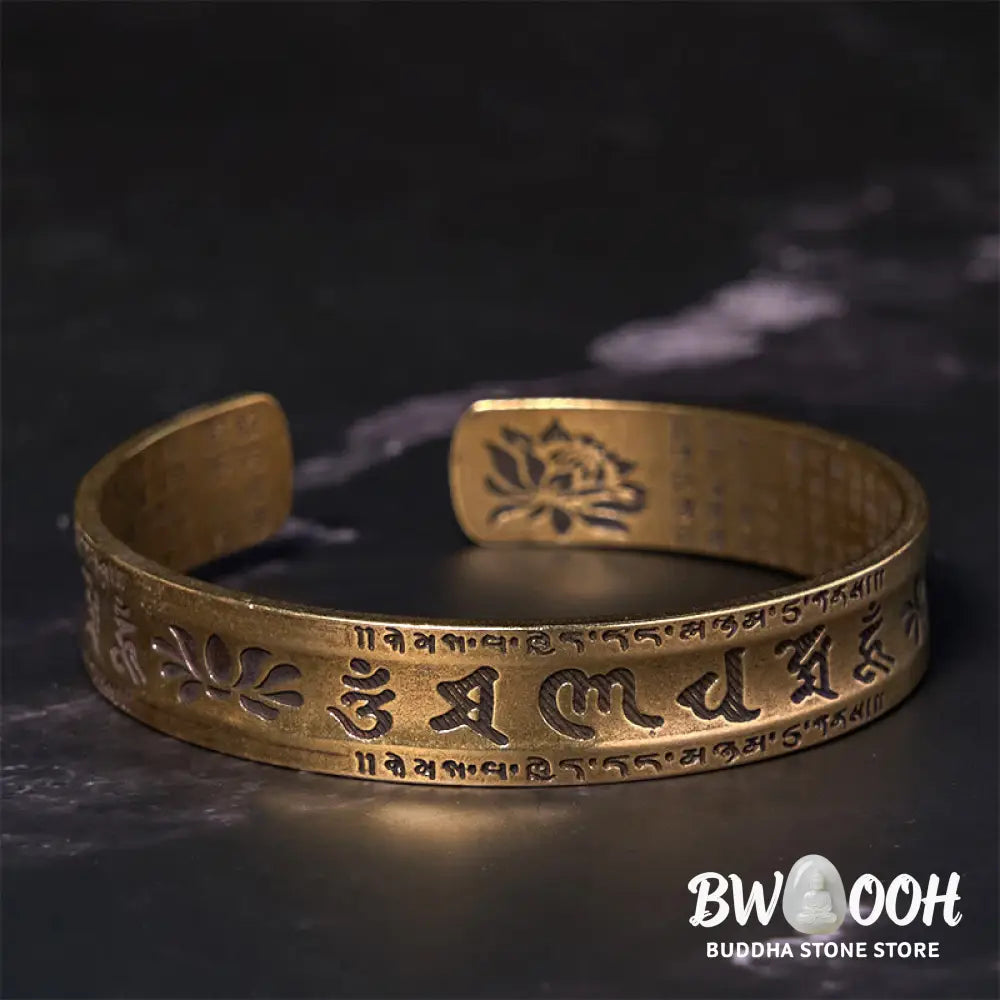 Buddha Stones Six True Words ’om Mani Padme Hum’ Heart Sutra Lotus Copper Brass Peace Cuff Bracelet Bangle - BWOOOH