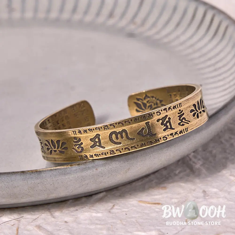 Buddha Stones Six True Words ’om Mani Padme Hum’ Heart Sutra Lotus Copper Brass Peace Cuff Bracelet Bangle - BWOOOH