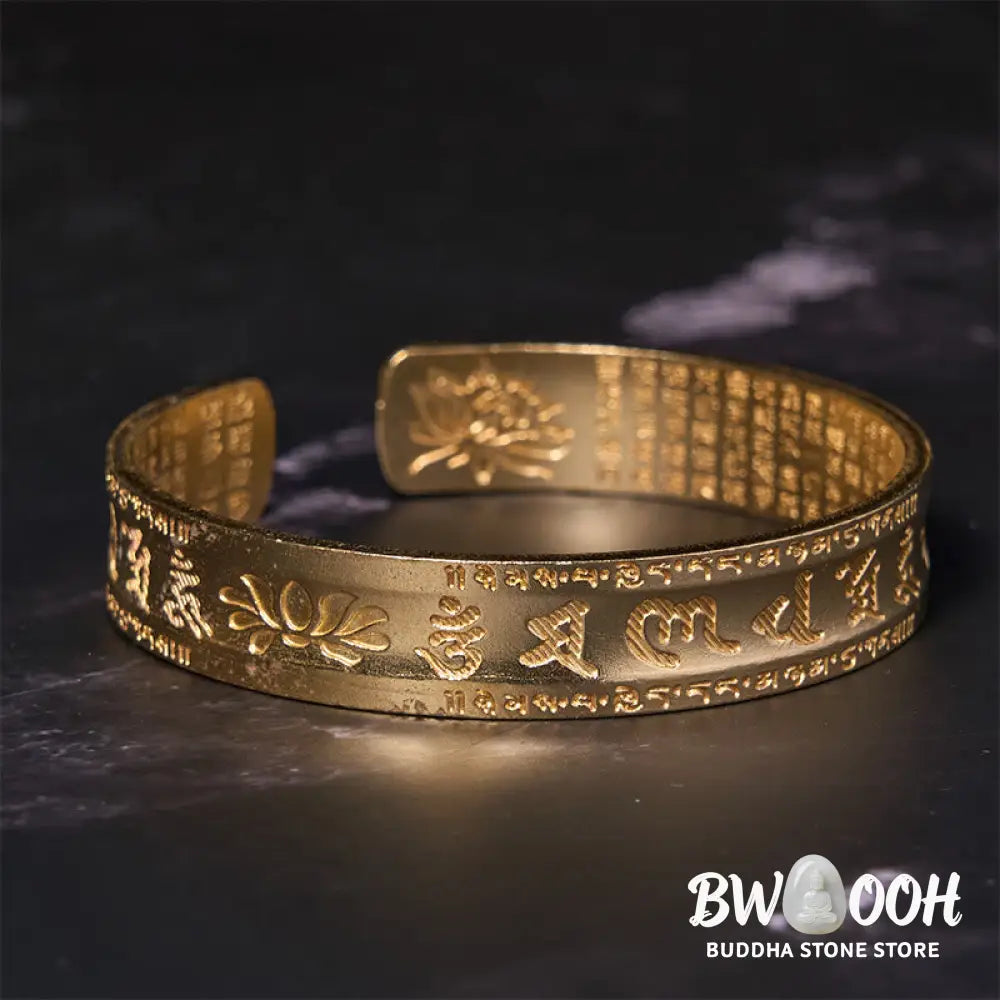 Buddha Stones Six True Words ’om Mani Padme Hum’ Heart Sutra Lotus Copper Brass Peace Cuff Bracelet Bangle - BWOOOH