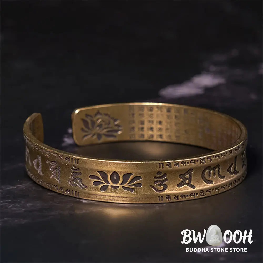 Buddha Stones Six True Words ’om Mani Padme Hum’ Heart Sutra Lotus Copper Brass Peace Cuff Bracelet Bangle - BWOOOH