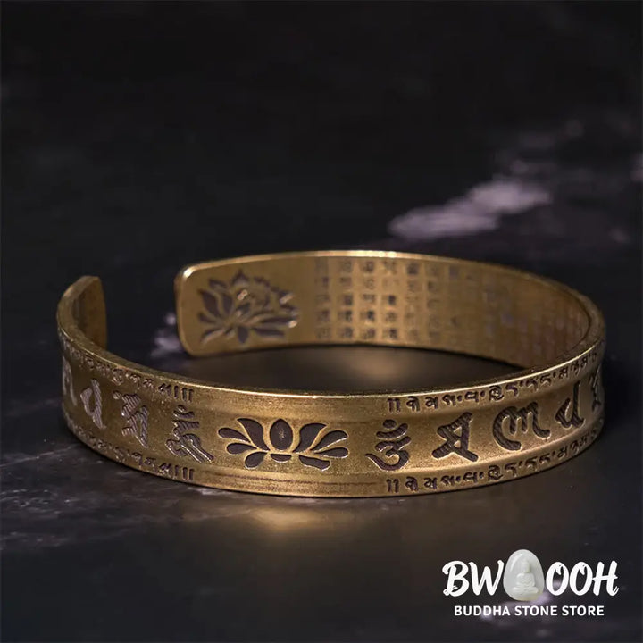 Buddha Stones Six True Words ’om Mani Padme Hum’ Heart Sutra Lotus Copper Brass Peace Cuff Bracelet Bangle - BWOOOH