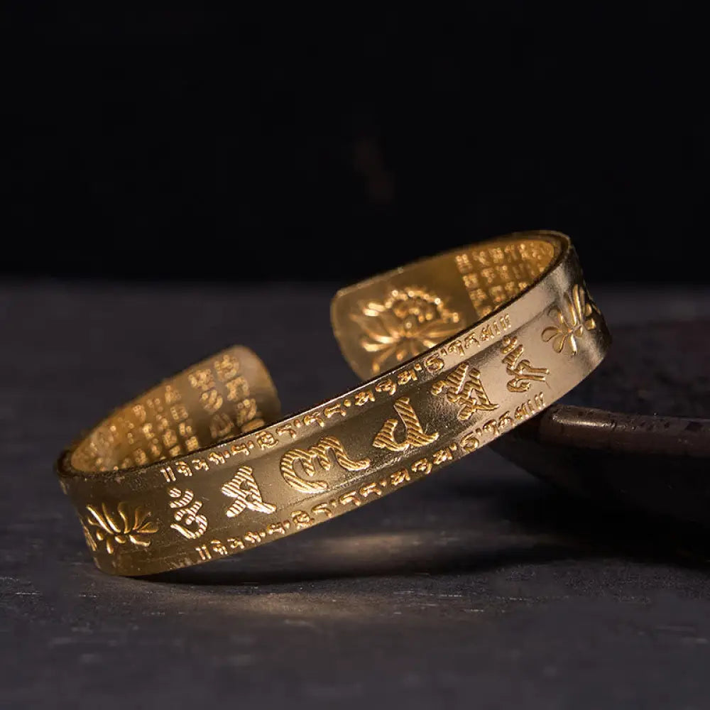 Buddha Stones Six True Words ’om Mani Padme Hum’ Heart Sutra Lotus Copper Brass Peace Cuff Bracelet Bangle - BWOOOH