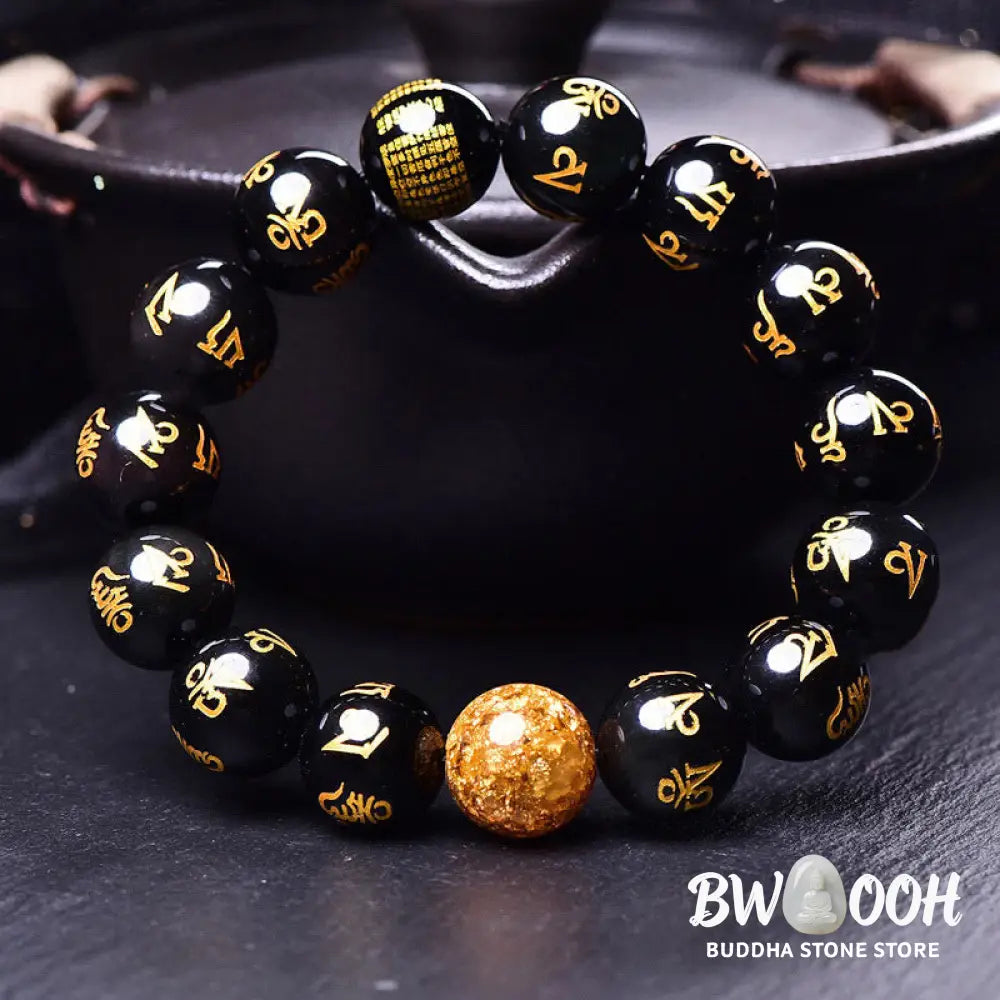 Buddha Stones Six True Words Om Mani Padme Hum Rainbow Obsidian Gold Foil Creativity Bracelet - BWOOOH - Bracelet