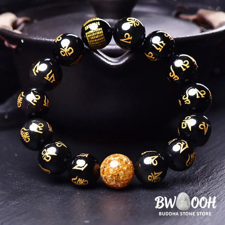 Buddha Stones Six True Words Om Mani Padme Hum Rainbow Obsidian Gold Foil Creativity Bracelet - BWOOOH - Bracelet