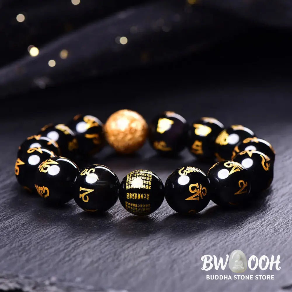 Buddha Stones Six True Words Om Mani Padme Hum Rainbow Obsidian Gold Foil Creativity Bracelet - BWOOOH - Bracelet