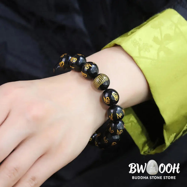 Buddha Stones Six True Words Om Mani Padme Hum Rainbow Obsidian Gold Foil Creativity Bracelet - BWOOOH - Bracelet