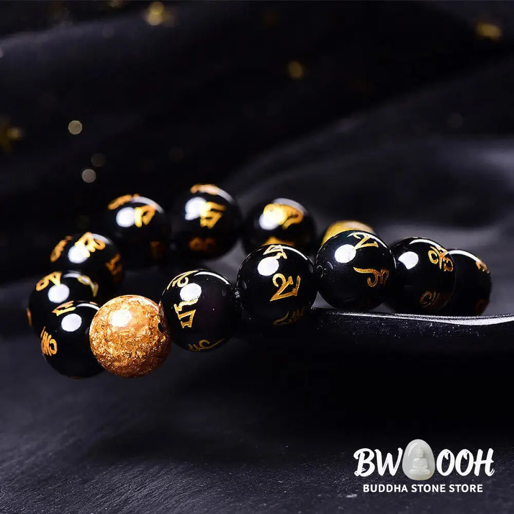Buddha Stones Six True Words Om Mani Padme Hum Rainbow Obsidian Gold Foil Creativity Bracelet - BWOOOH - Bracelet