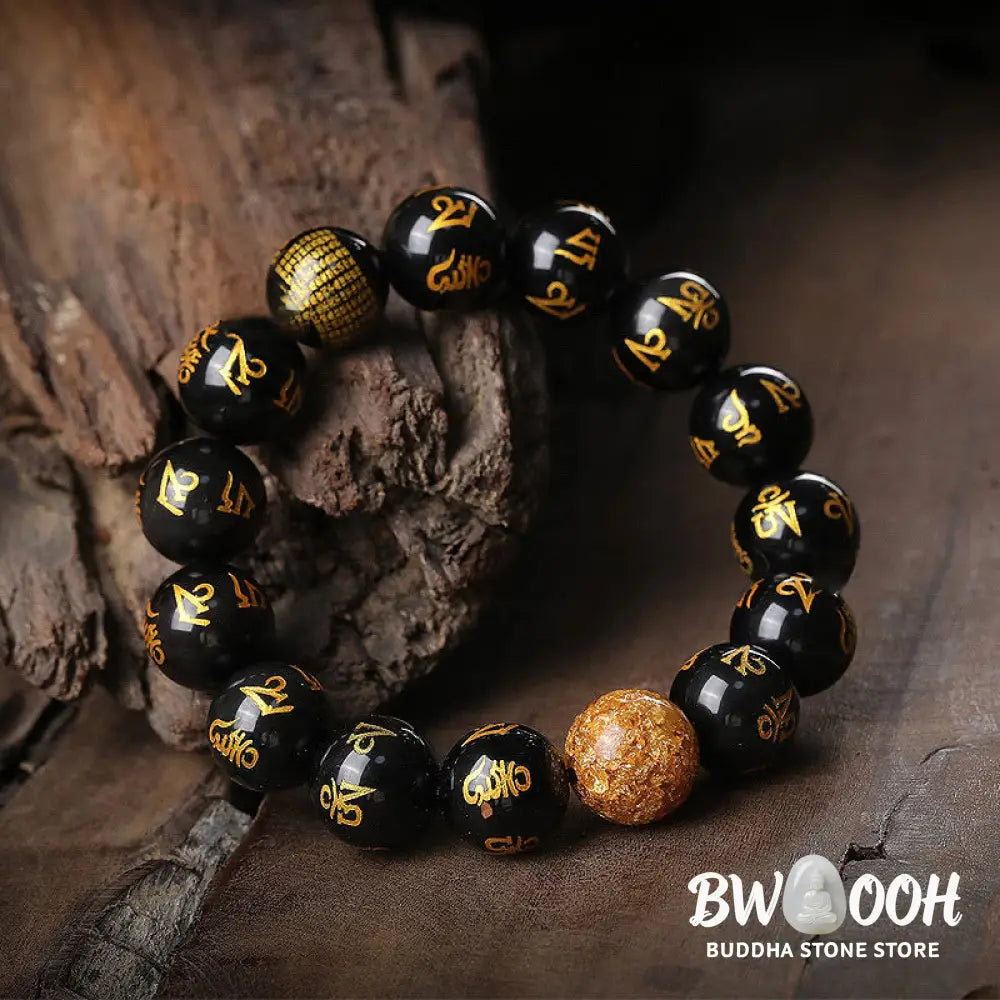 Buddha Stones Six True Words Om Mani Padme Hum Rainbow Obsidian Gold Foil Creativity Bracelet - BWOOOH - Bracelet