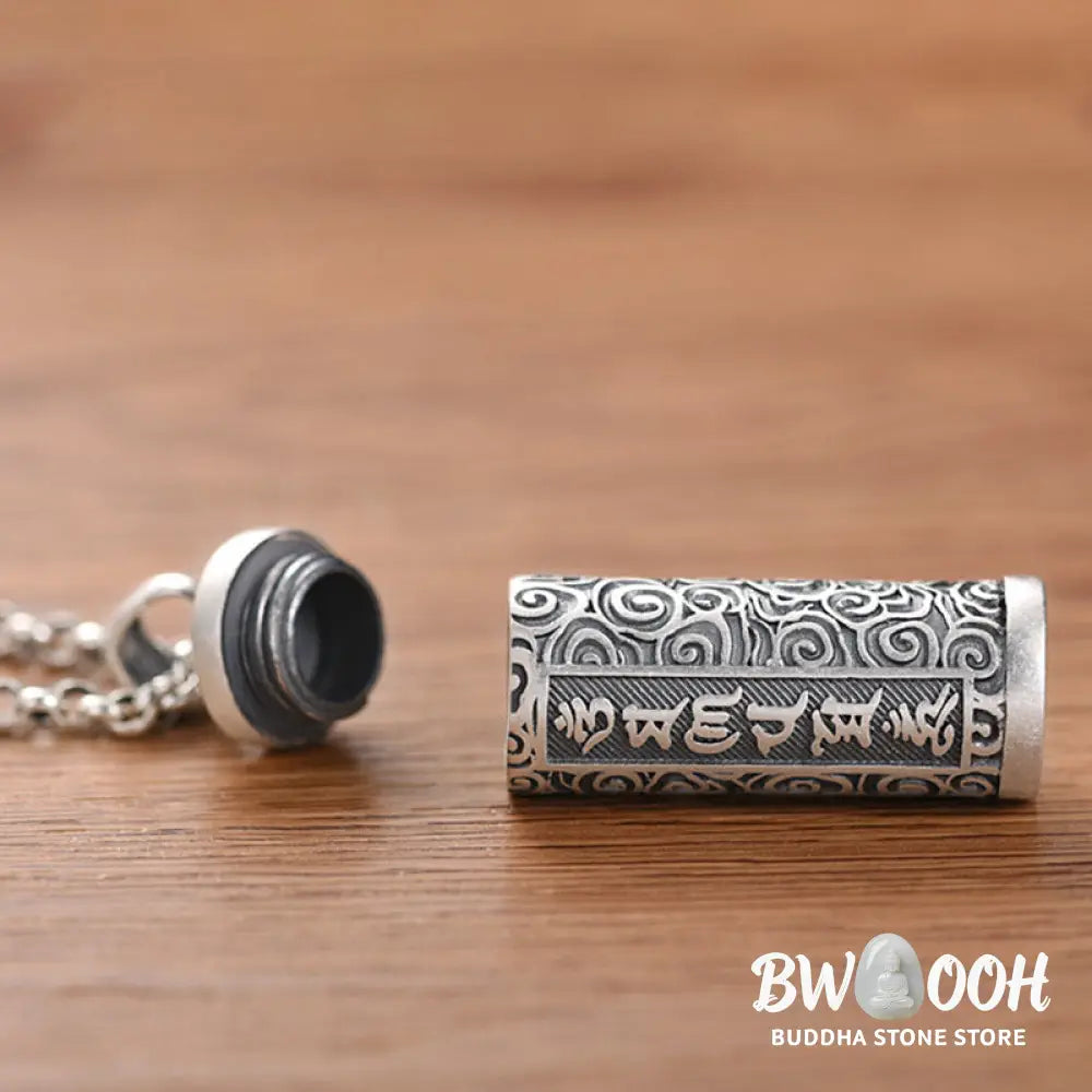 A close-up of the BWOOOH Six True Words Protection Necklace Pendant, crafted from silver plated copper, showcasing the &