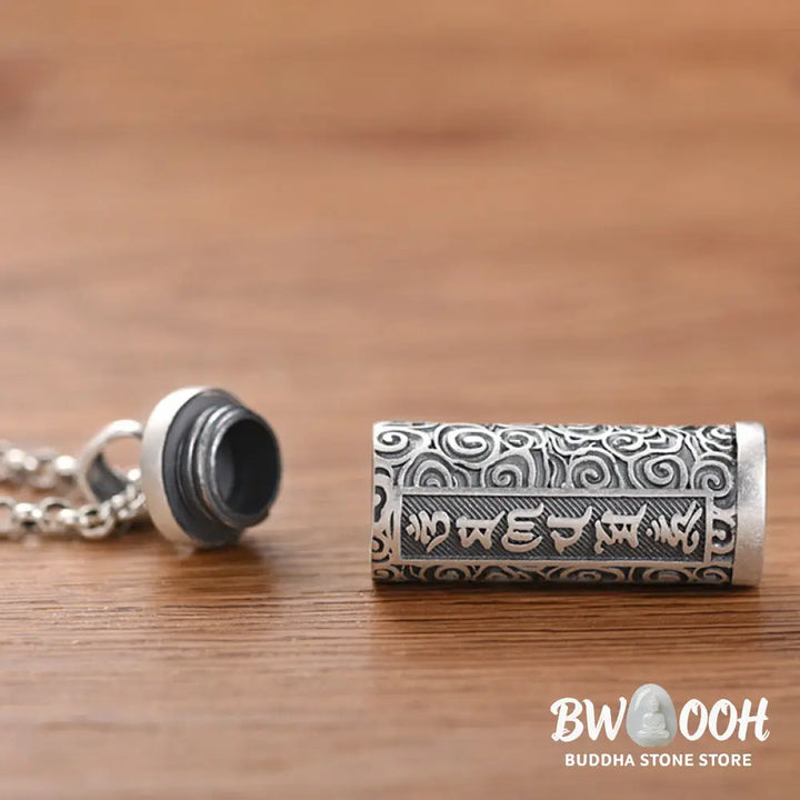 A close-up of the BWOOOH Six True Words Protection Necklace Pendant, crafted from silver plated copper, showcasing the &