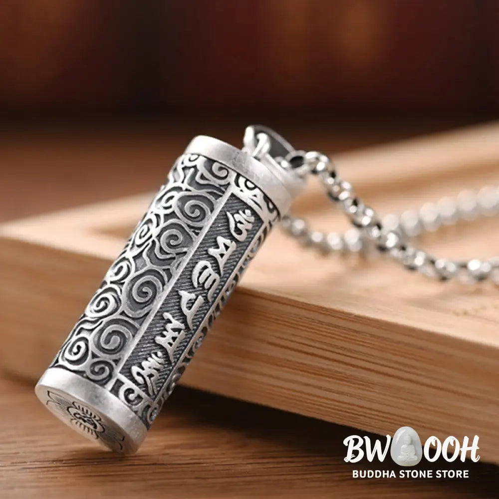 A close-up of the BWOOOH Six True Words Protection Necklace Pendant, crafted from silver plated copper, showcasing the &
