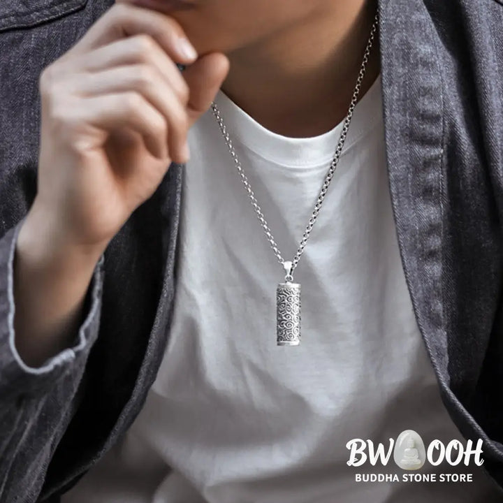 A close-up of the BWOOOH Six True Words Protection Necklace Pendant, crafted from silver plated copper, showcasing the &