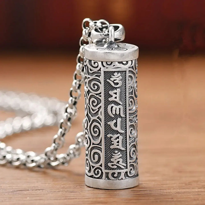 A close-up of the BWOOOH Six True Words Protection Necklace Pendant, crafted from silver plated copper, showcasing the &