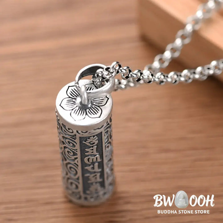 A close-up of the BWOOOH Six True Words Protection Necklace Pendant, crafted from silver plated copper, showcasing the &