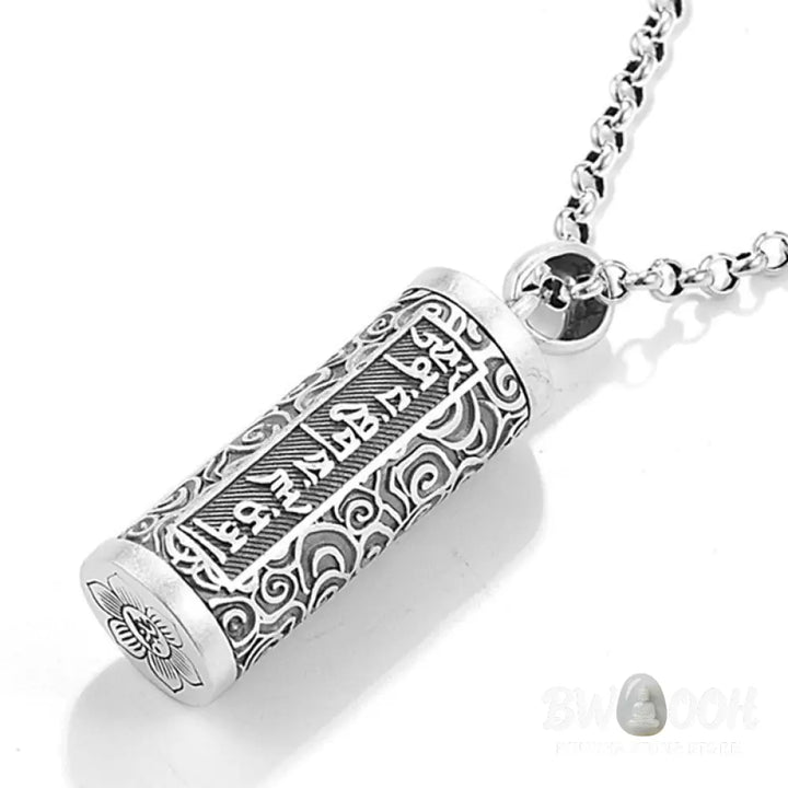 A close-up of the BWOOOH Six True Words Protection Necklace Pendant, crafted from silver plated copper, showcasing the &
