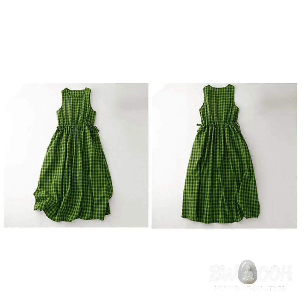 Buddha Stones Sleeveless Plaid Summer Midi Dress With Pockets - Midi Dress