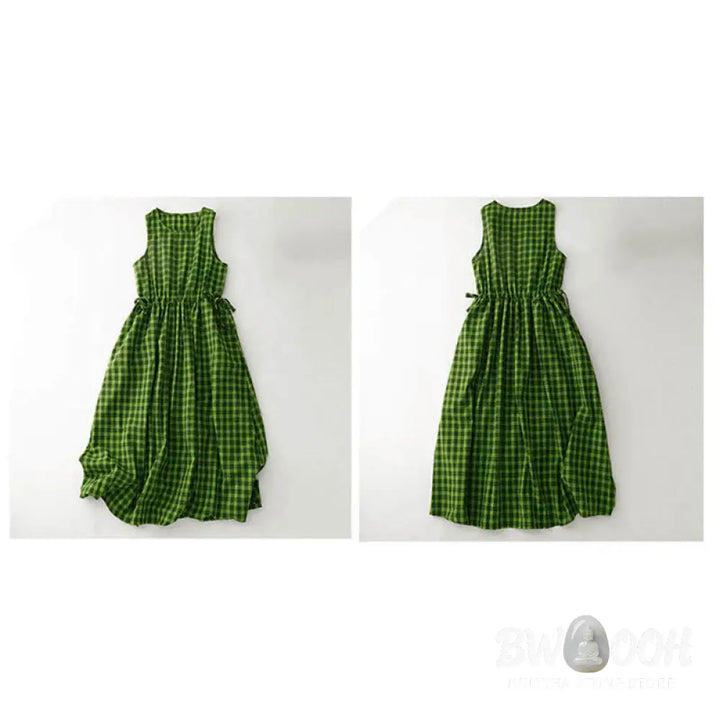 Buddha Stones Sleeveless Plaid Summer Midi Dress With Pockets - Midi Dress