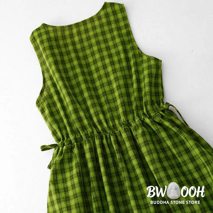 Buddha Stones Sleeveless Plaid Summer Midi Dress With Pockets - Midi Dress