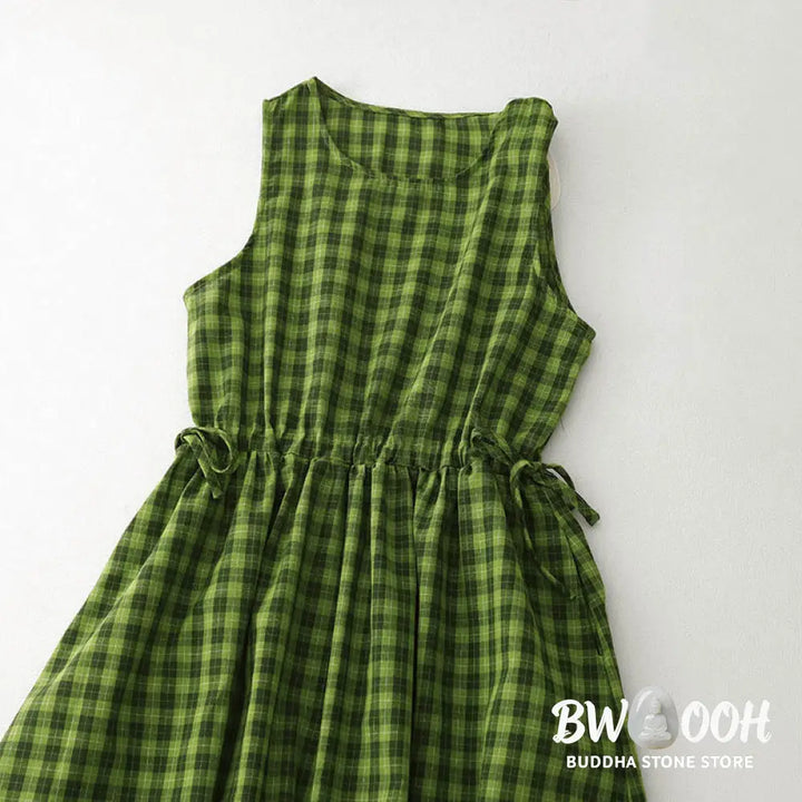 Buddha Stones Sleeveless Plaid Summer Midi Dress With Pockets - Midi Dress