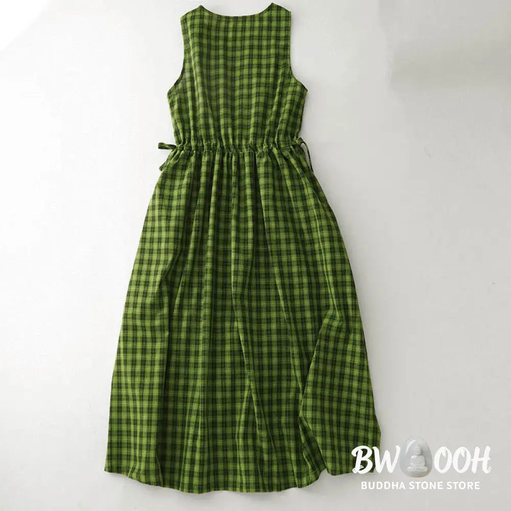 Buddha Stones Sleeveless Plaid Summer Midi Dress With Pockets - Midi Dress