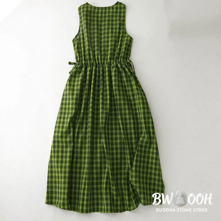Buddha Stones Sleeveless Plaid Summer Midi Dress With Pockets - Midi Dress