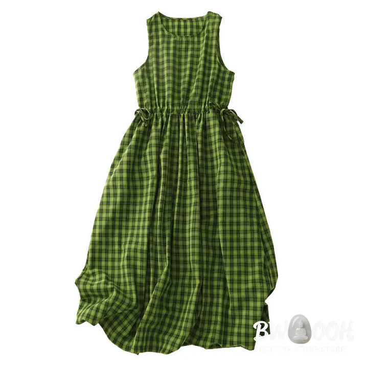 Buddha Stones Sleeveless Plaid Summer Midi Dress With Pockets - Midi Dress