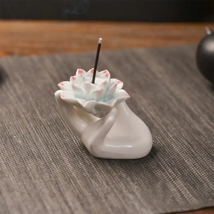 BWOOOH Small Ceramic Lotus Hand Healing Meditation Incense Burner Decoration - Lotus Hand - Incense Burner