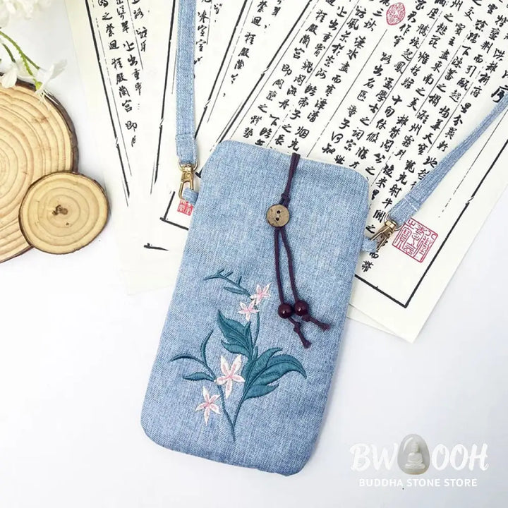 Buddha Stones Small Embroidered Flowers Crossbody Bag Shoulder Bag Cellphone Bag 11*20cm - Crossbody Bag