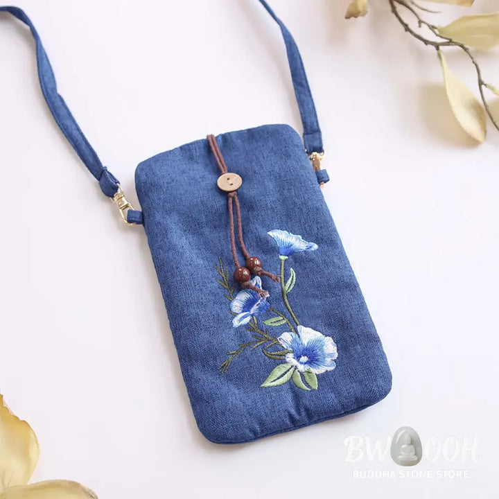 Buddha Stones Small Embroidered Flowers Crossbody Bag Shoulder Bag Cellphone Bag 11*20cm - Crossbody Bag