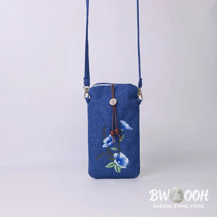 Buddha Stones Small Embroidered Flowers Crossbody Bag Shoulder Bag Cellphone Bag 11*20cm - Crossbody Bag