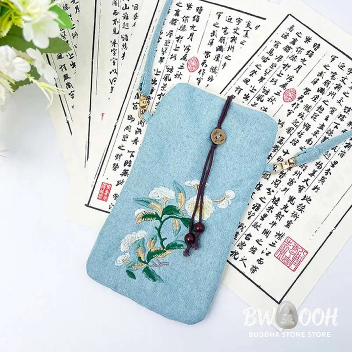 Buddha Stones Small Embroidered Flowers Crossbody Bag Shoulder Bag Cellphone Bag 11*20cm - Crossbody Bag